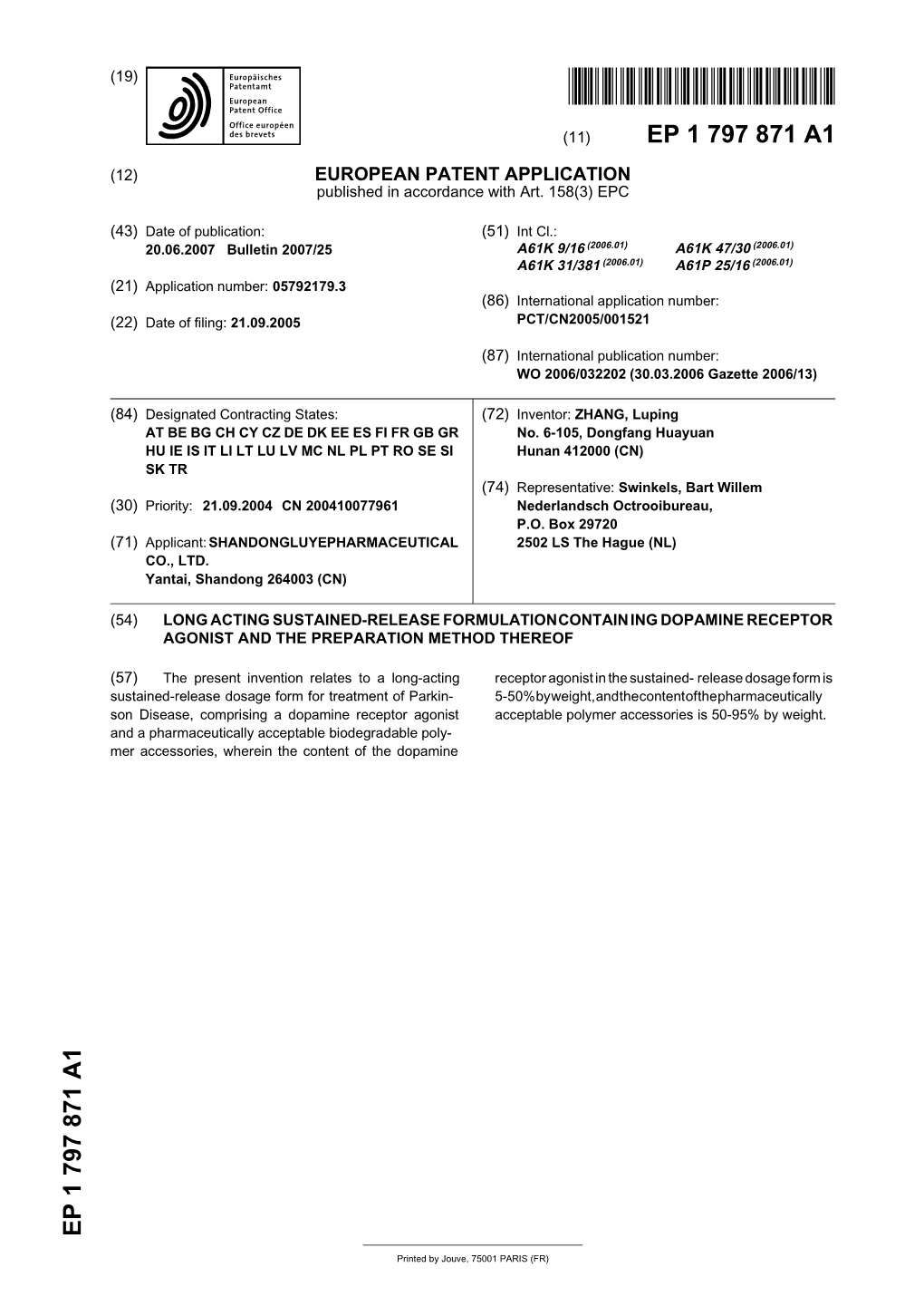 Long Acting Sustained-Release Formulation Containing Dopamine Receptor Agonist and the Preparation Method Thereof