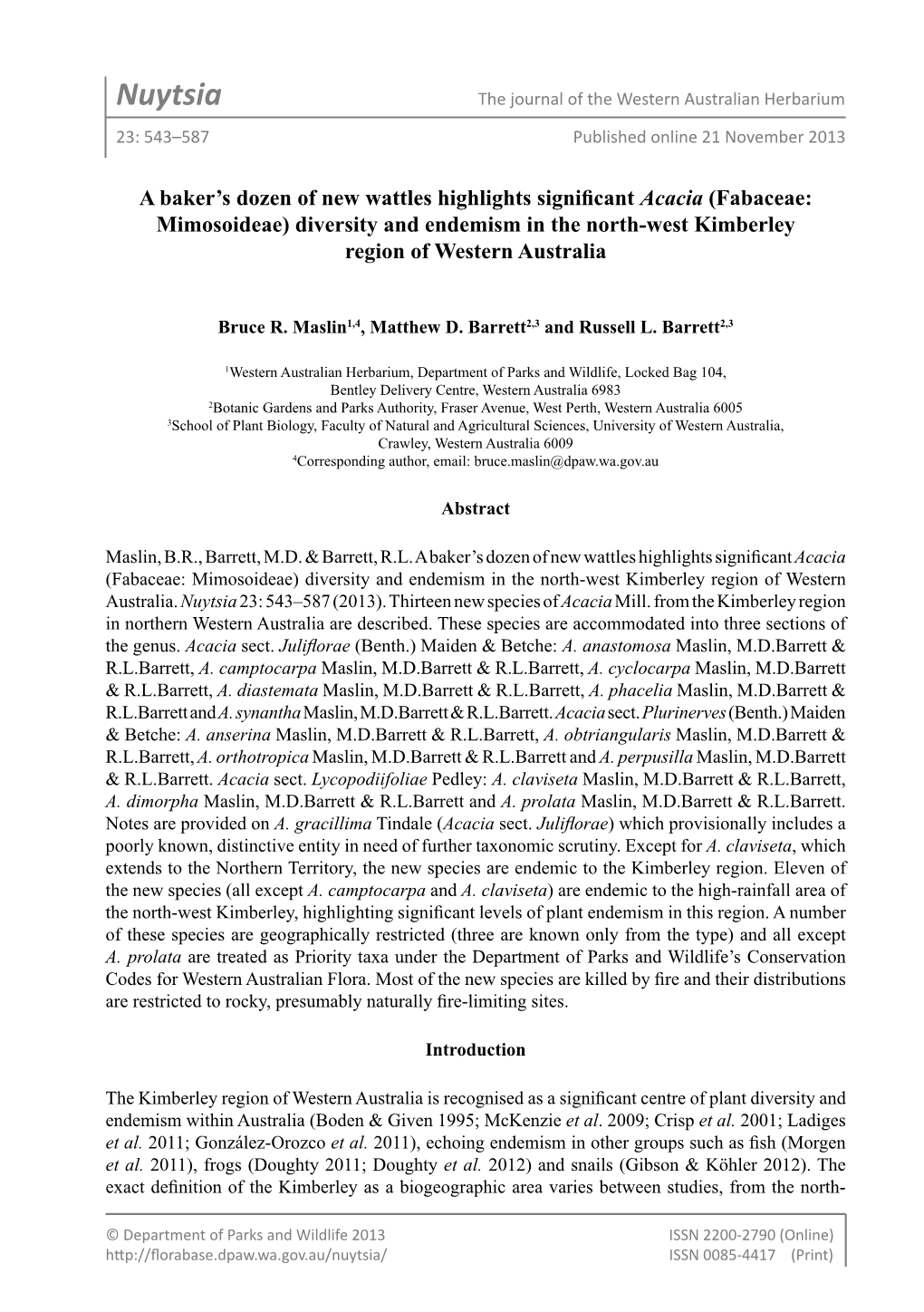 Nuytsia the Journal of the Western Australian Herbarium 23: 543–587 Published Online 21 November 2013