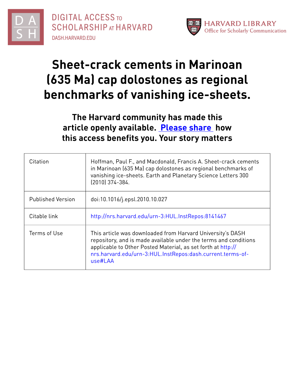 Sheet-Crack Cements in Marinoan (635 Ma) Cap Dolostones As Regional Benchmarks of Vanishing Ice-Sheets