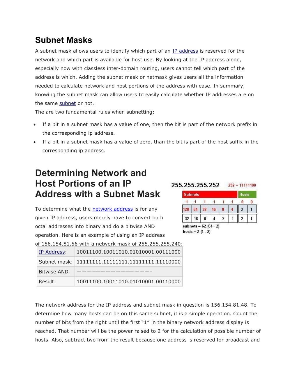 Determining Network and Host Portions of an IP Address with a Subnet Mask