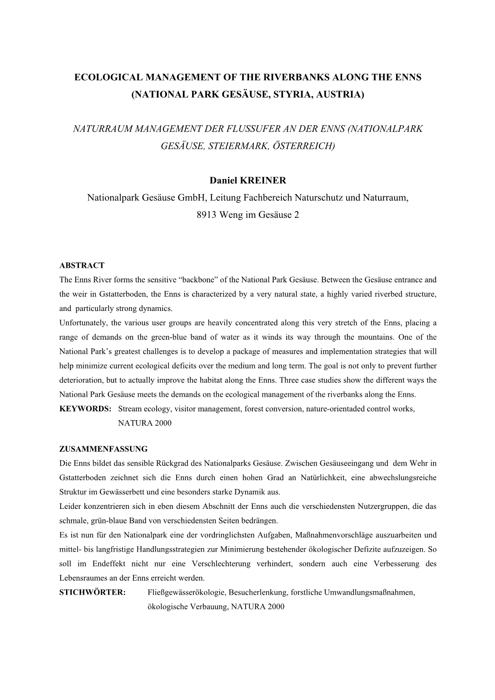 Ecological Management of the Riverbanks Along the Enns (National Park Gesäuse, Styria, Austria)