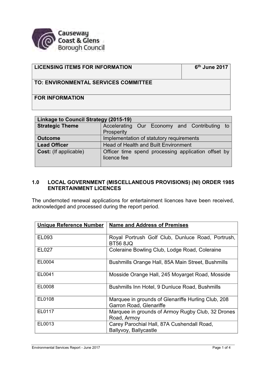 LICENSING ITEMS for INFORMATION 6Th June 2017 TO