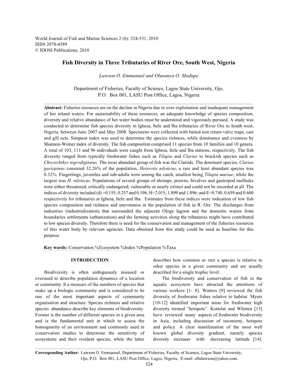 Fish Diversity in Three Tributaries of River Ore, South West, Nigeria