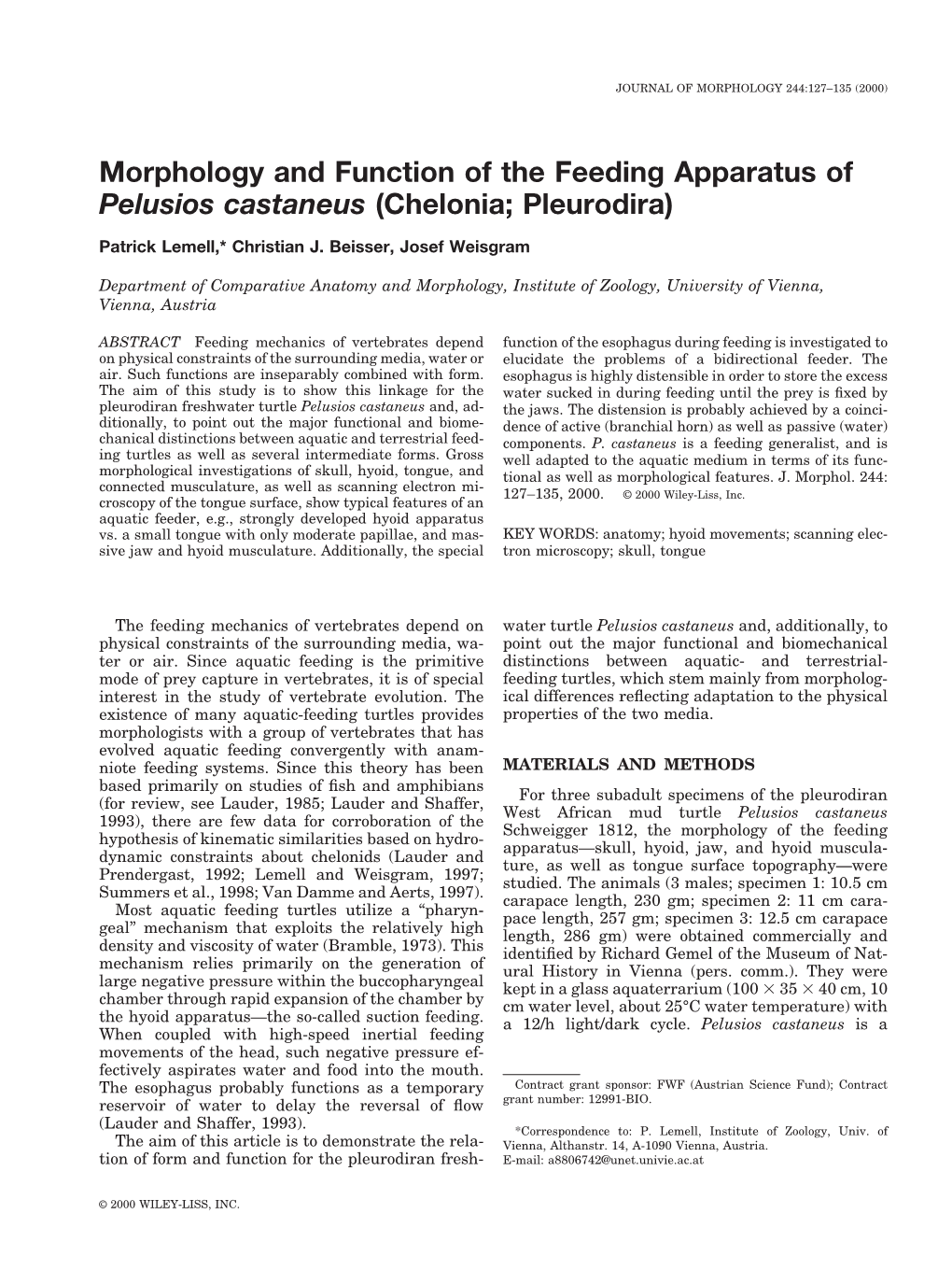 Morphology and Function of the Feeding Apparatus of Pelusios Castaneus (Chelonia; Pleurodira)