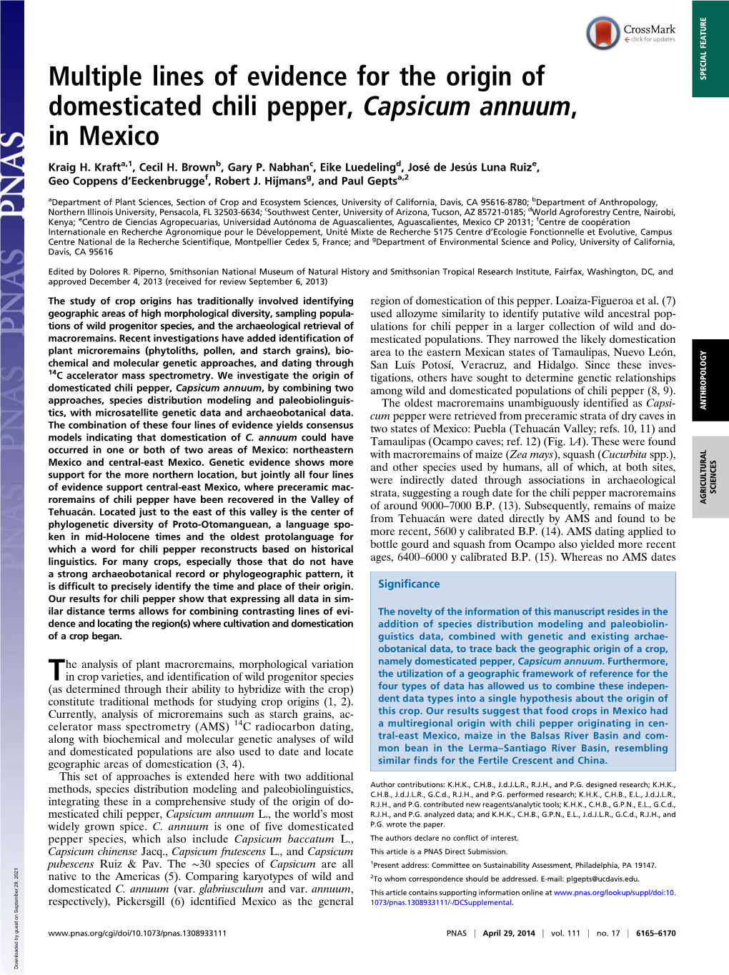 Multiple Lines of Evidence for the Origin of Domesticated Chili Pepper, Capsicum Annuum, in Mexico