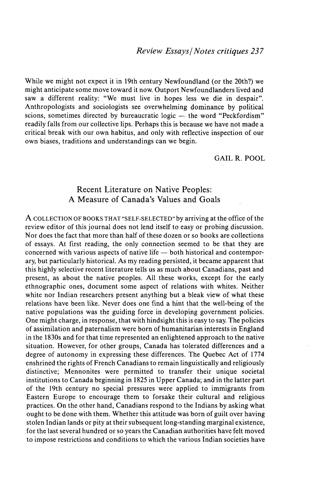 Review Essaysinotes Critiques 237 Recent Literature on Native Peoples