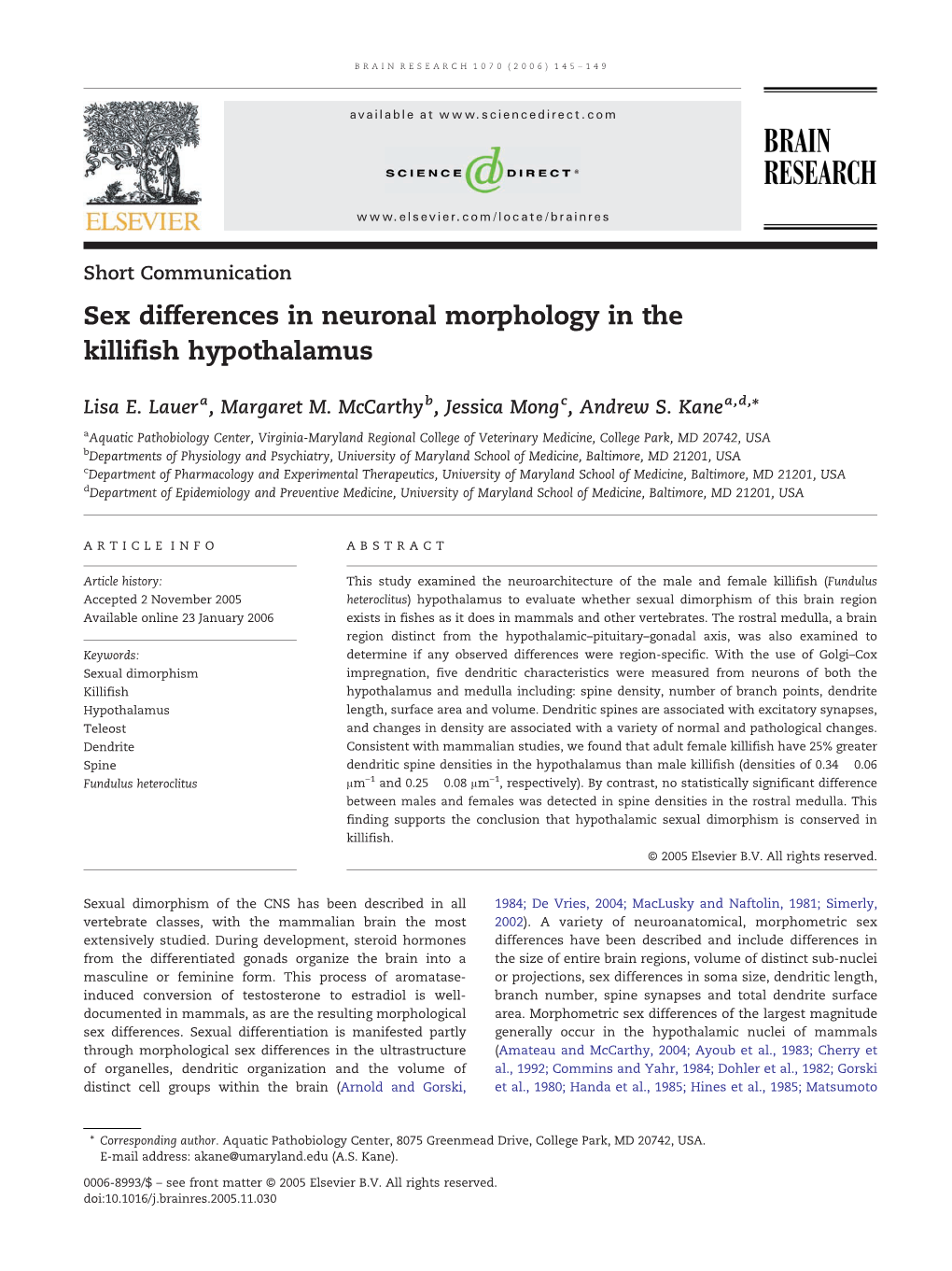 Sex Differences in Neuronal Morphology in the Killifish Hypothalamus