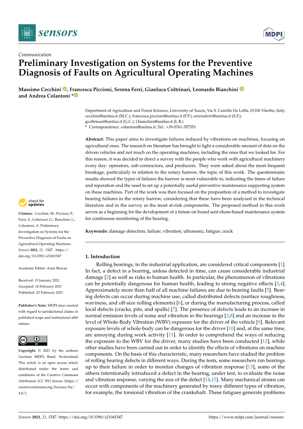 Preliminary Investigation on Systems for the Preventive Diagnosis of Faults on Agricultural Operating Machines