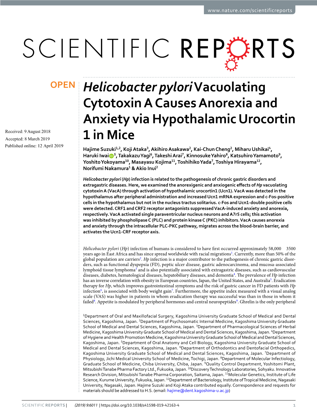 Helicobacter Pylori Vacuolating Cytotoxin a Causes Anorexia And