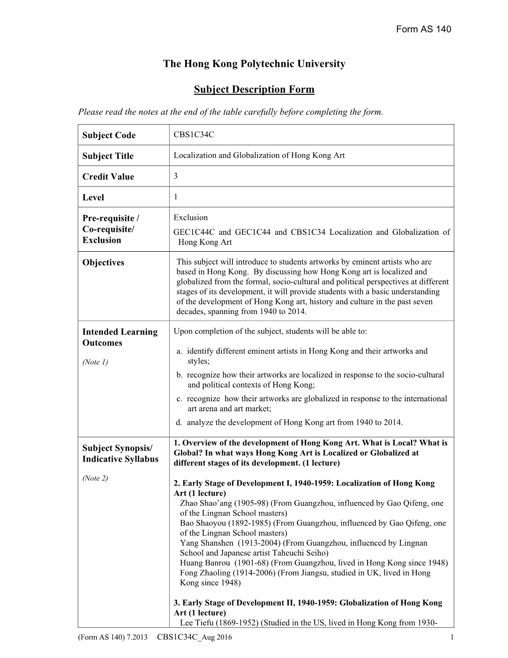 The Hong Kong Polytechnic University Subject Description Form