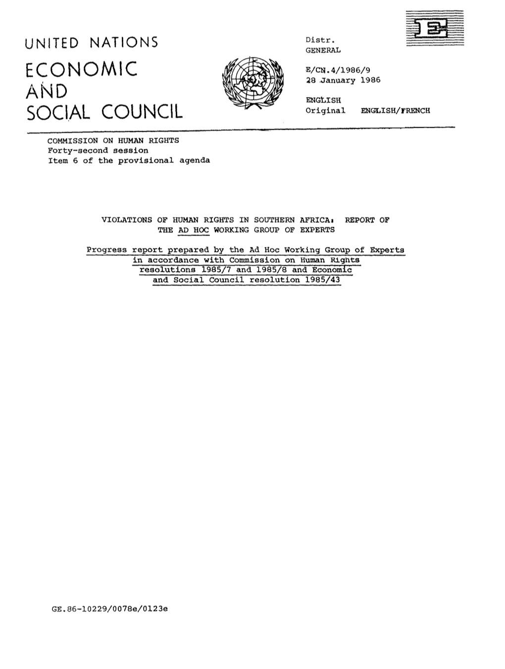 ECONOMIC Éêêèêk E/CN-4/1*8Б/9 • R\ Шгвсийш 28 January 1986 ^§Fe~~"Jg|^ ENGLISH С/"}£"* IД1 COUNCIL ^^^ Original ENGLISH/FRENCH