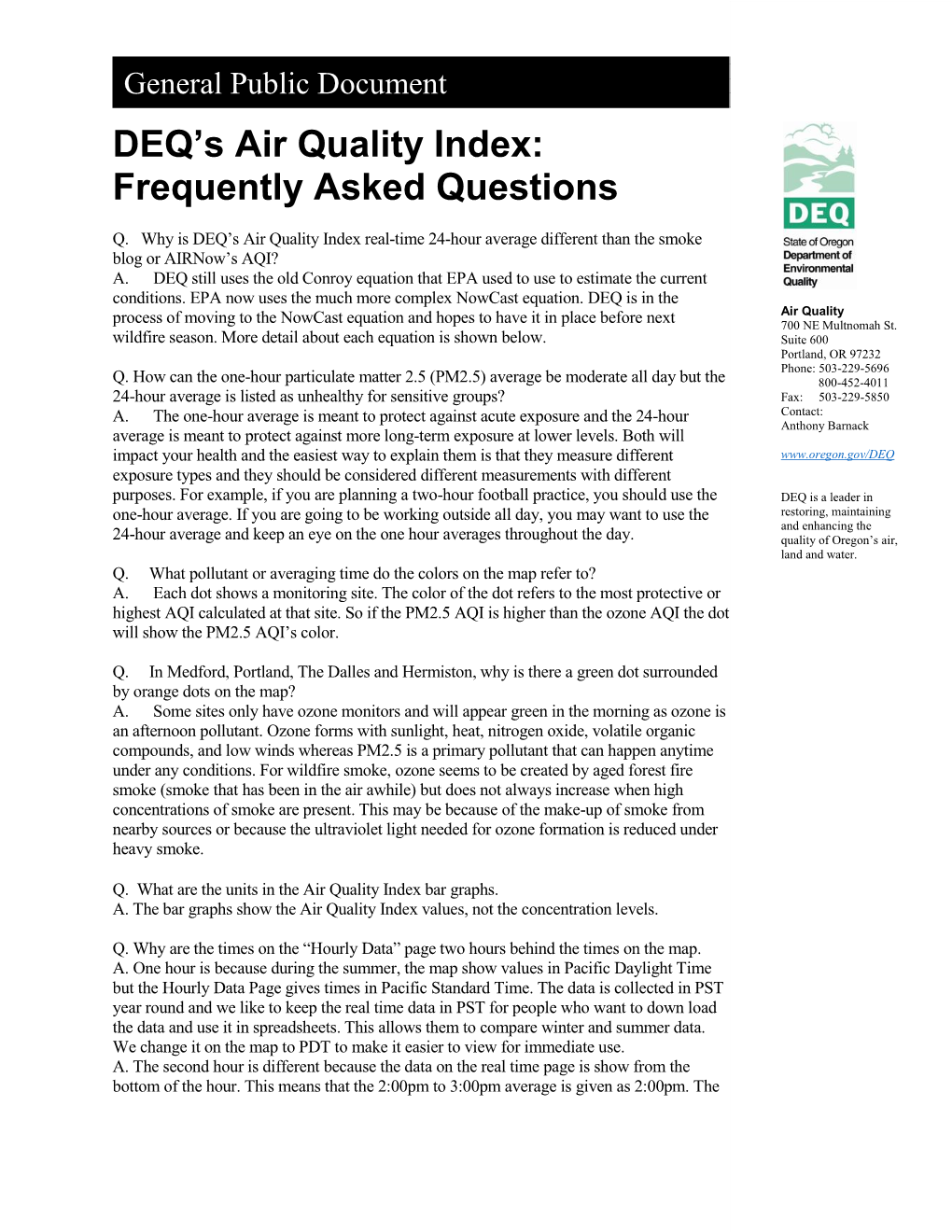 DEQ's Air Quality Index: Frequently Asked Questions