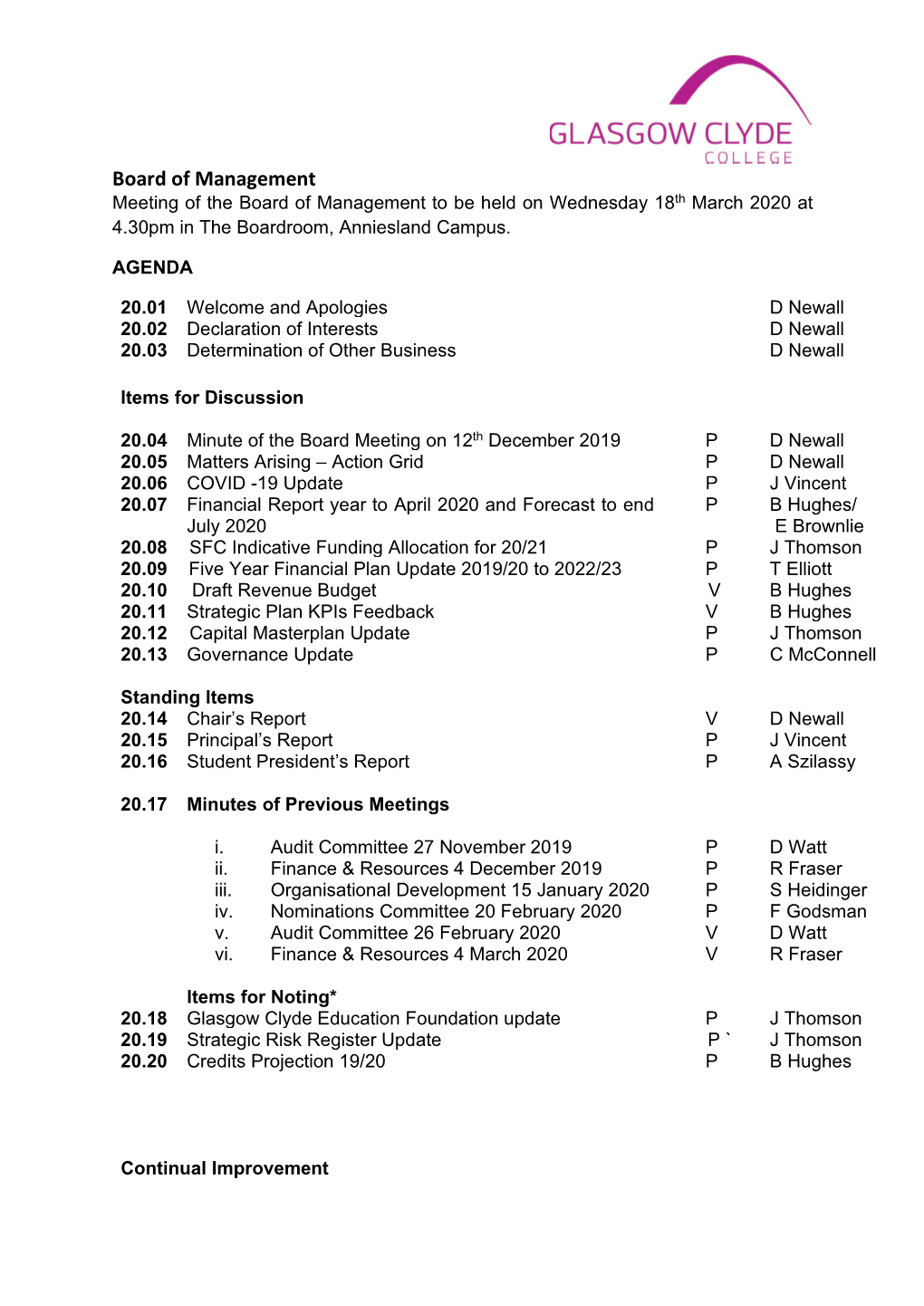 Board of Management Meeting of the Board of Management to Be Held on Wednesday 18Th March 2020 at 4.30Pm in the Boardroom, Anniesland Campus