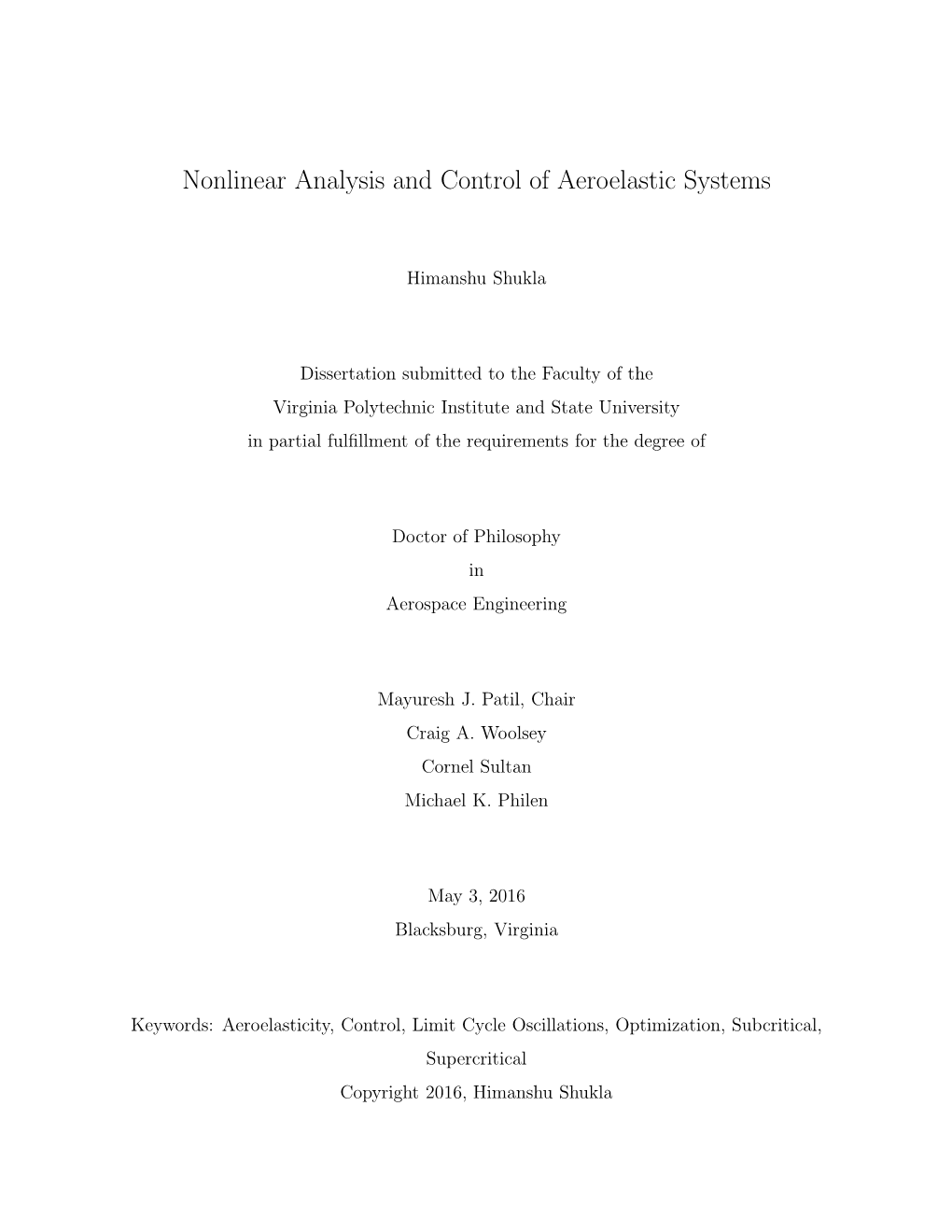 Nonlinear Analysis and Control of Aeroelastic Systems