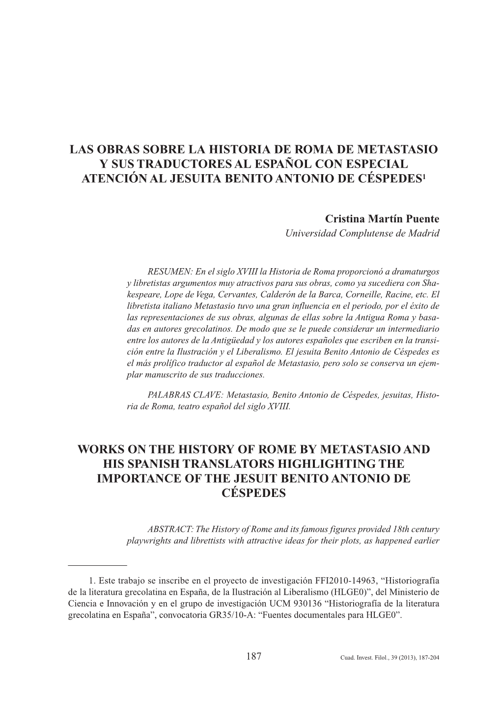 Las Obras Sobre La Historia De Roma De Metastasio Y Sus Traductores Al Español Con Especial Atención Al Jesuita Benito Antonio De Céspedes 1