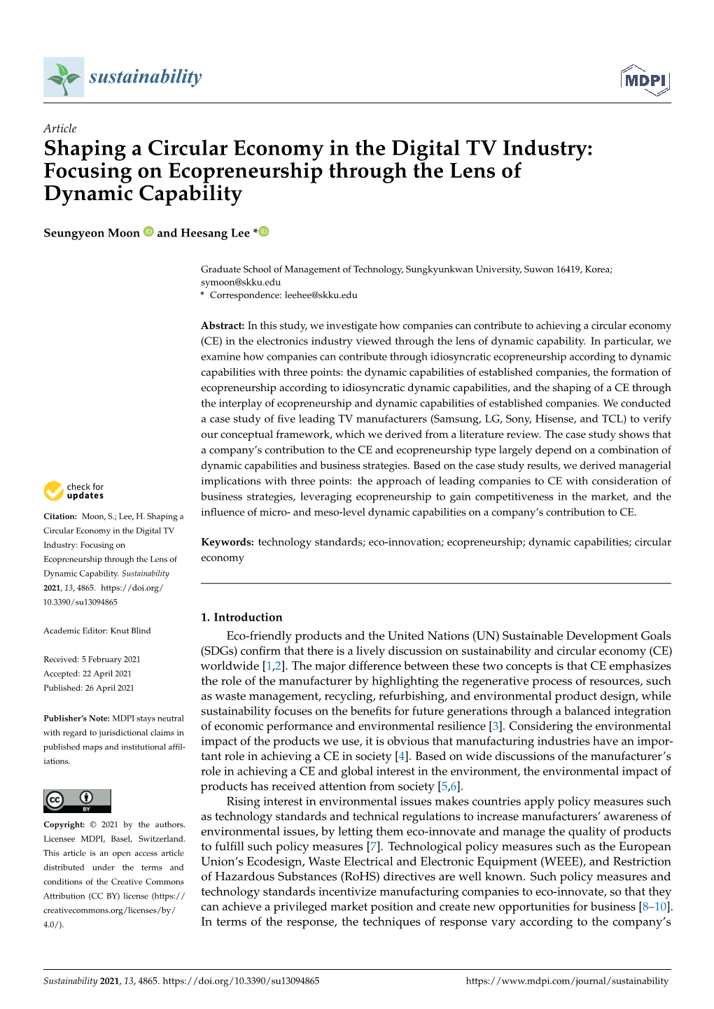 Shaping a Circular Economy in the Digital TV Industry: Focusing on Ecopreneurship Through the Lens of Dynamic Capability