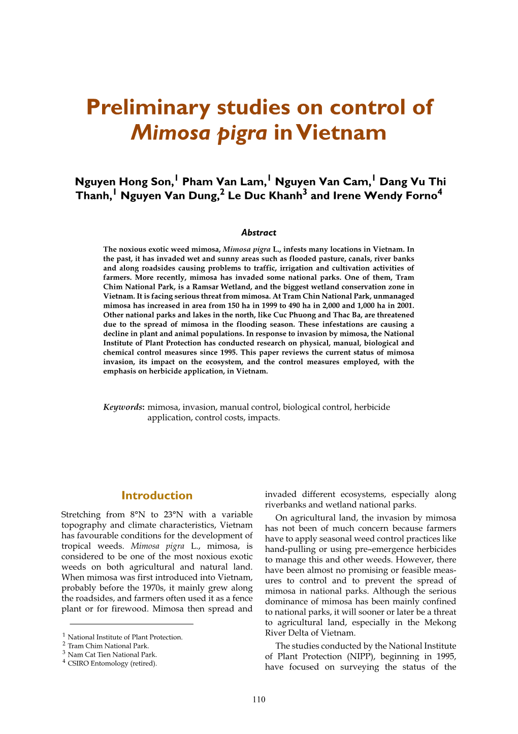 Preliminary Studies on Control of Mimosa Pigra in Vietnam