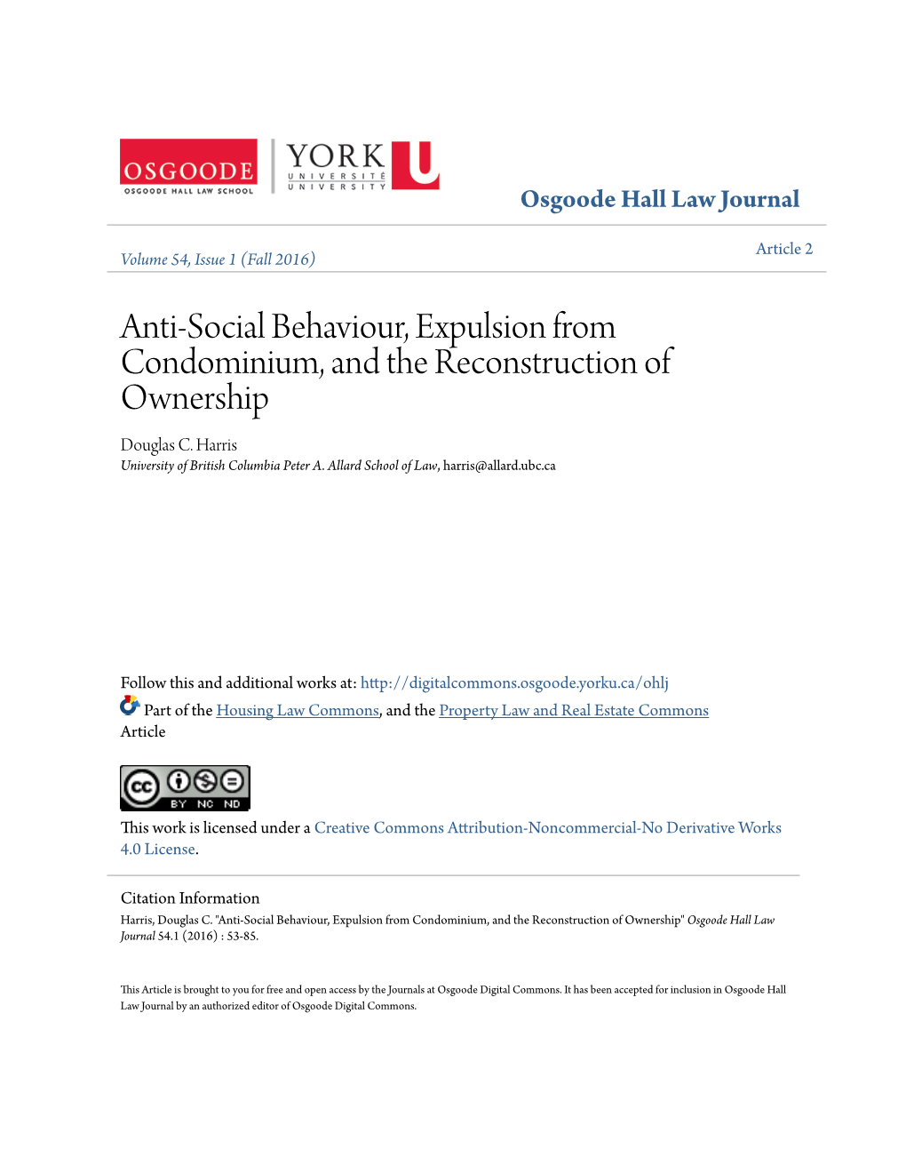 Anti-Social Behaviour, Expulsion from Condominium, and the Reconstruction of Ownership Douglas C