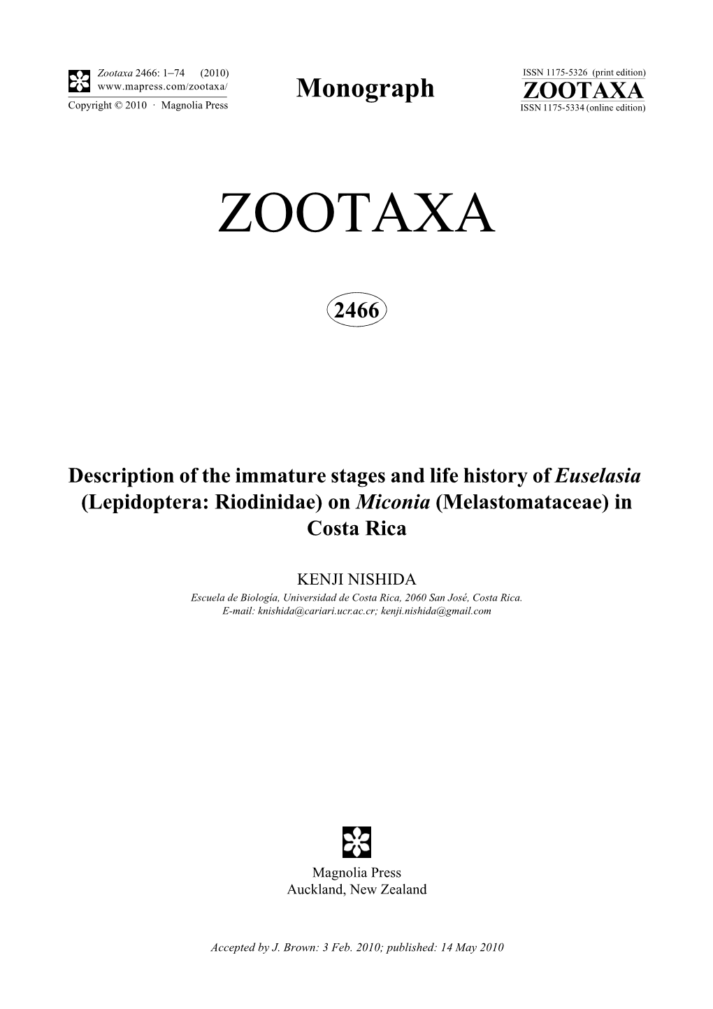 Zootaxa, Description of the Immature Stages and Life