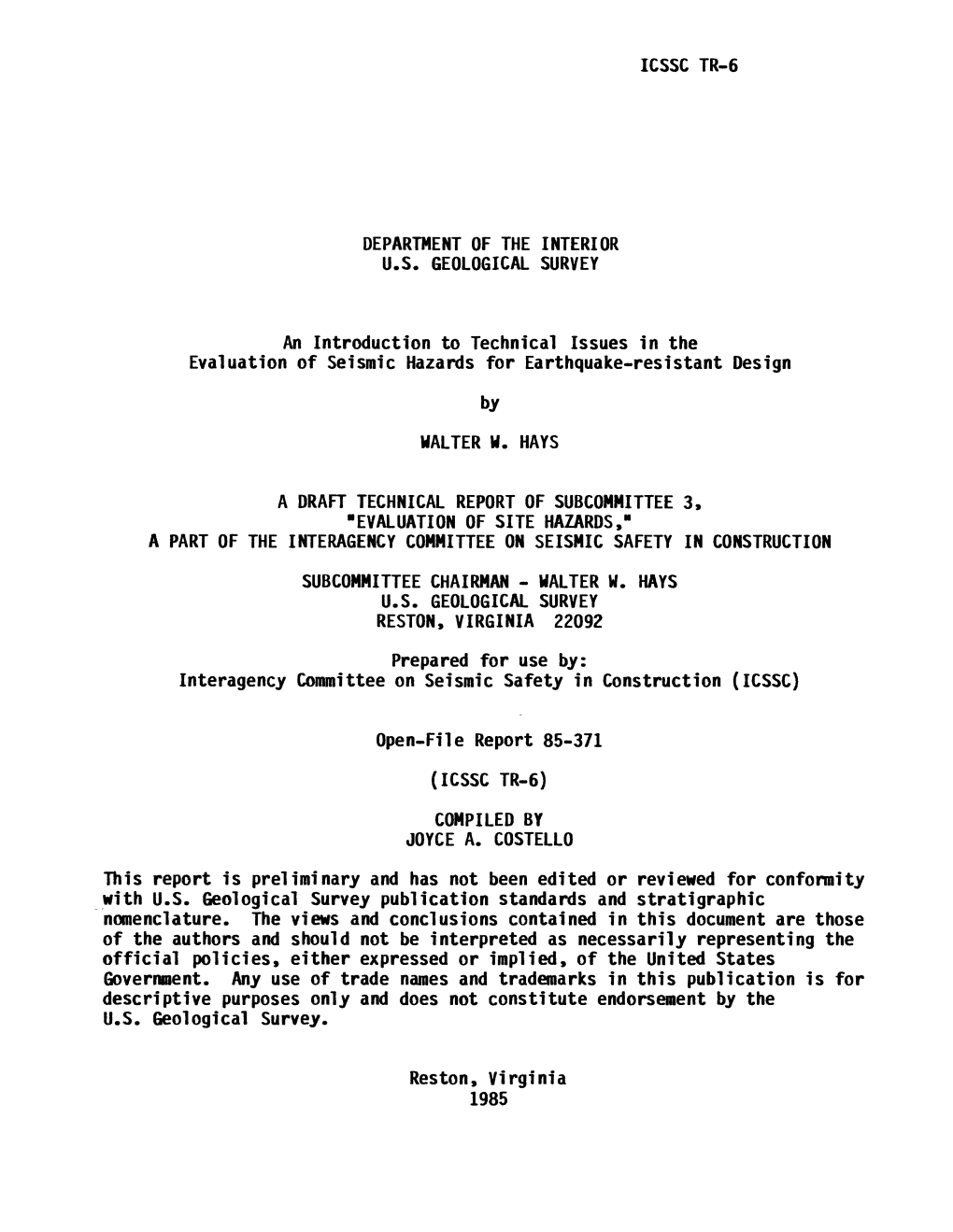 An Introduction to Technical Issues in the Evaluation of Seismic Hazards for Earthquake-Resistant Design by WALTER W