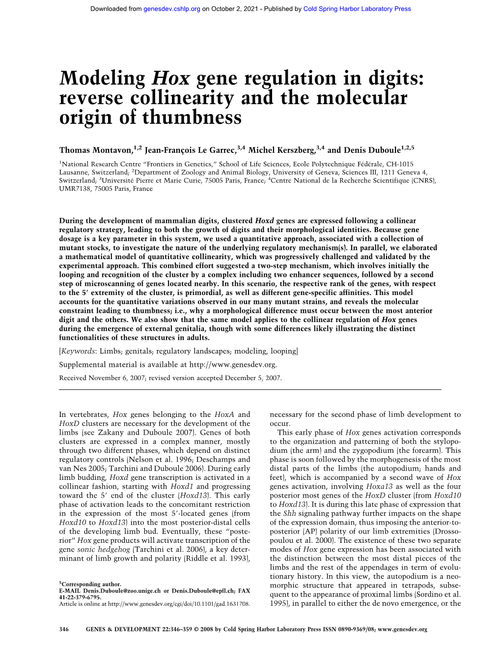 Modeling Hox Gene Regulation in Digits: Reverse Collinearity and the Molecular Origin of Thumbness