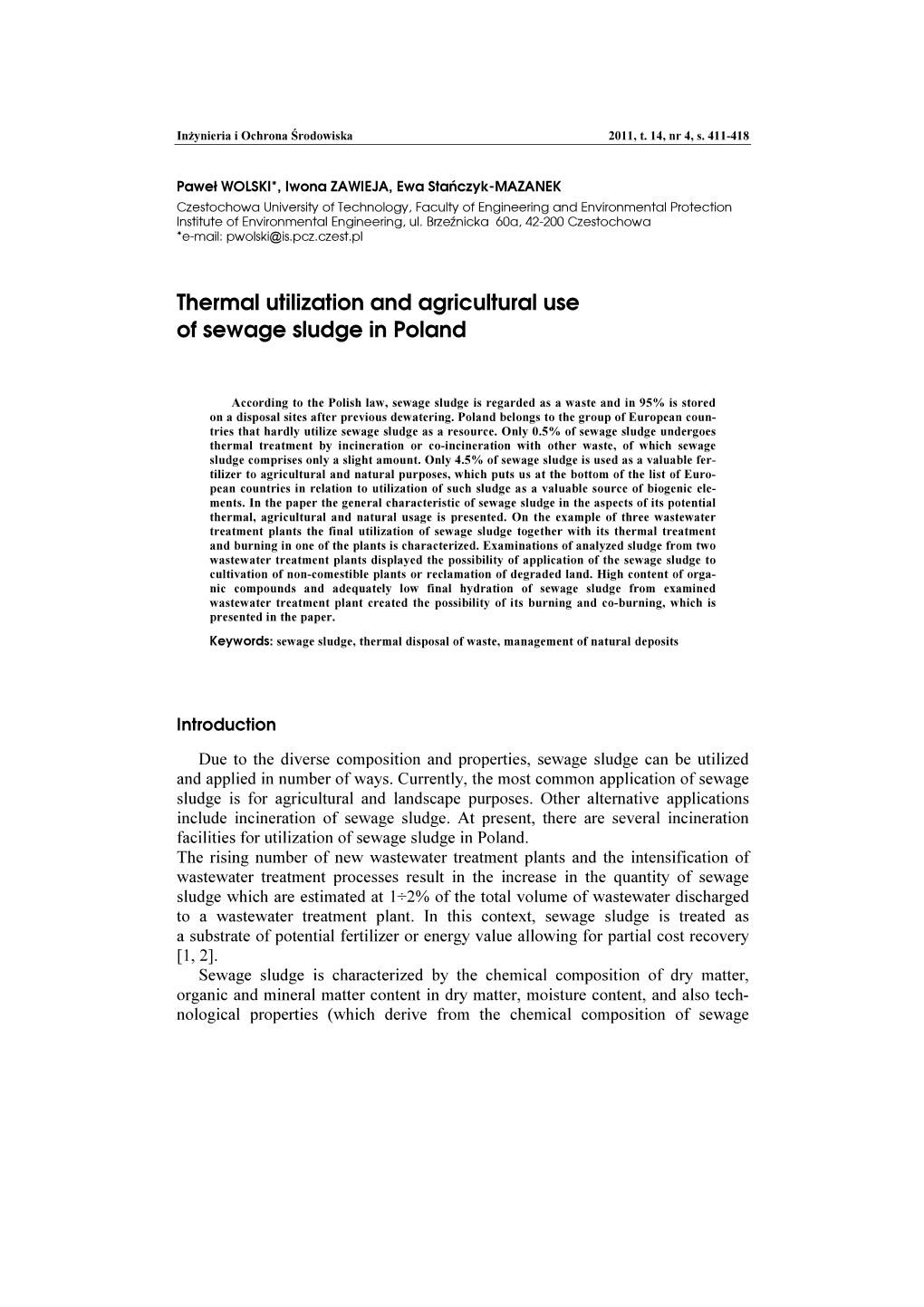 Thermal Utilization and Agricultural Use of Sewage Sludge in Poland