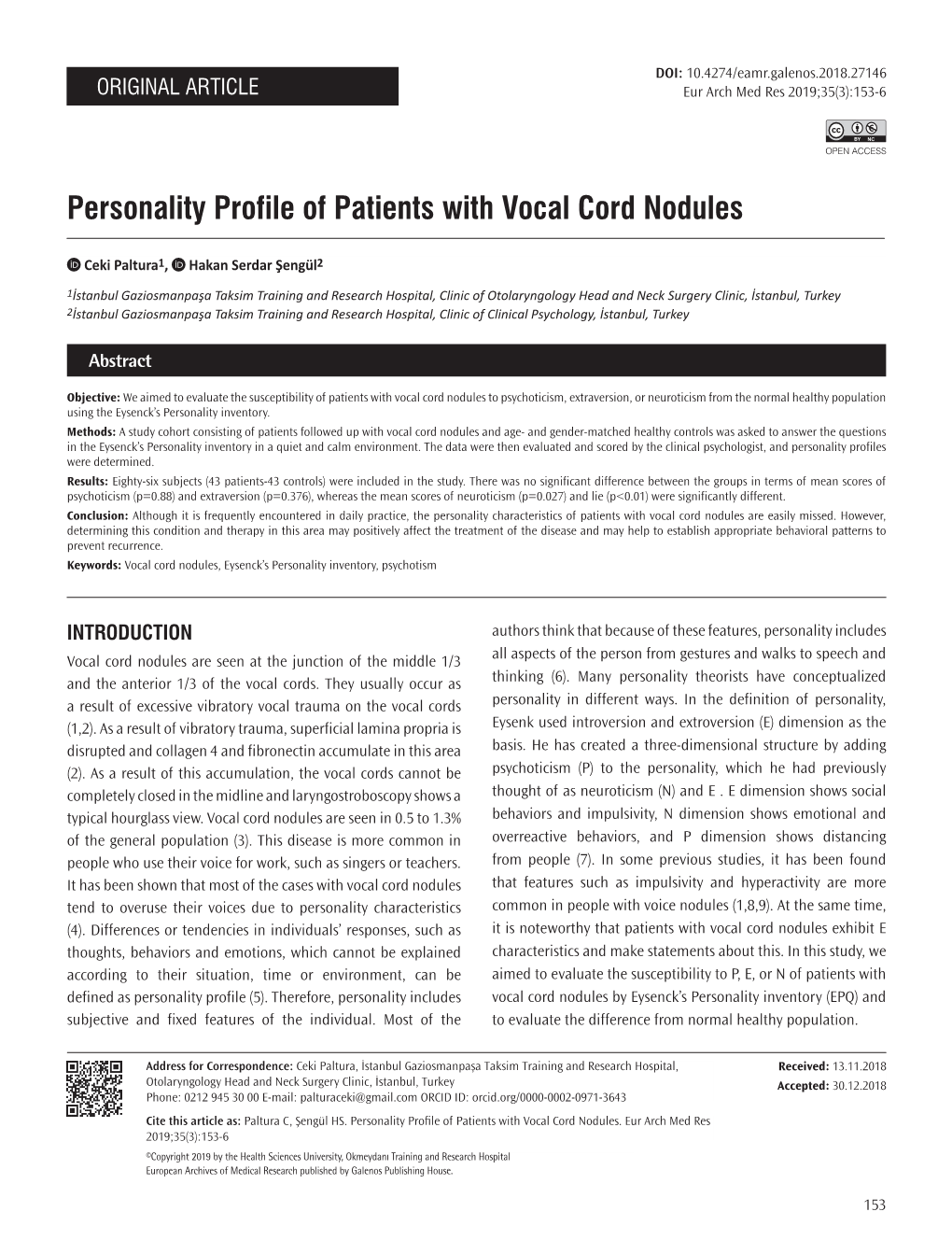 Personality Profile of Patients with Vocal Cord Nodules