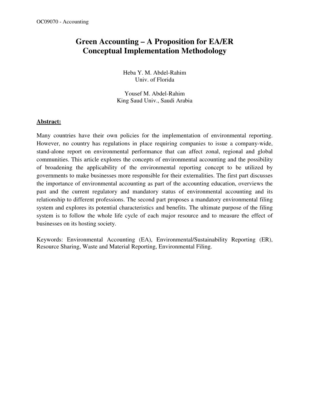 Green Accounting – a Proposition for EA/ER Conceptual Implementation Methodology