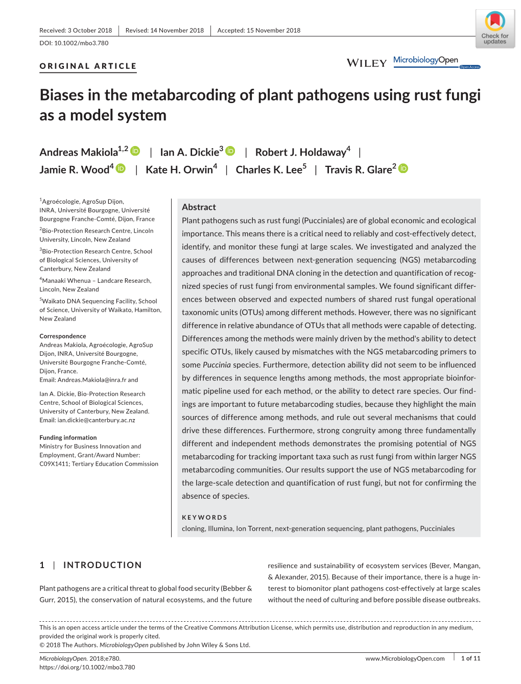 Biases in the Metabarcoding of Plant Pathogens Using Rust Fungi As a Model System