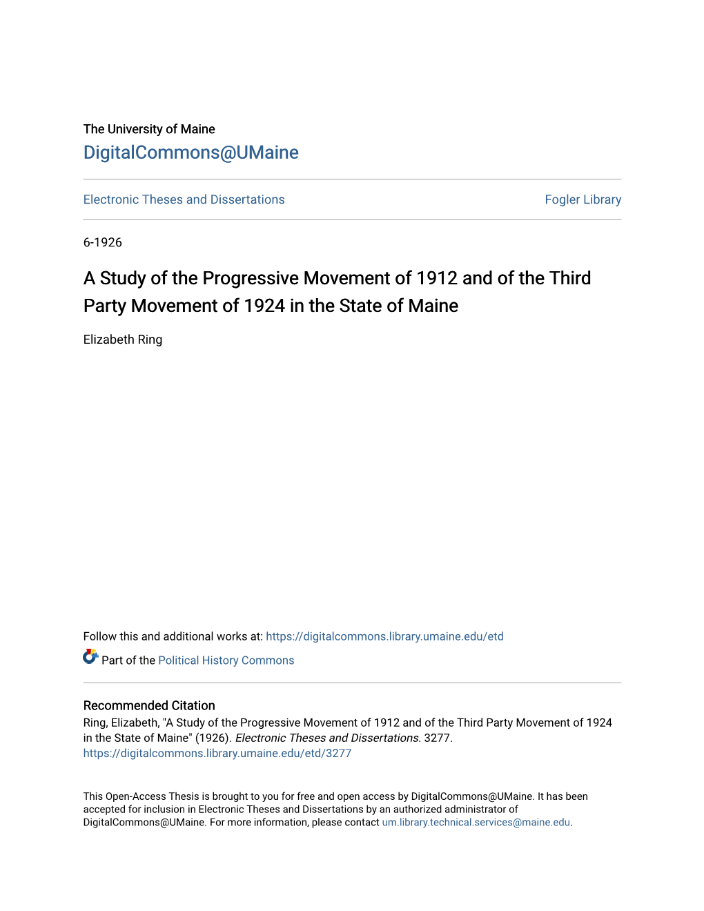 A Study of the Progressive Movement of 1912 and of the Third Party Movement of 1924 in the State of Maine