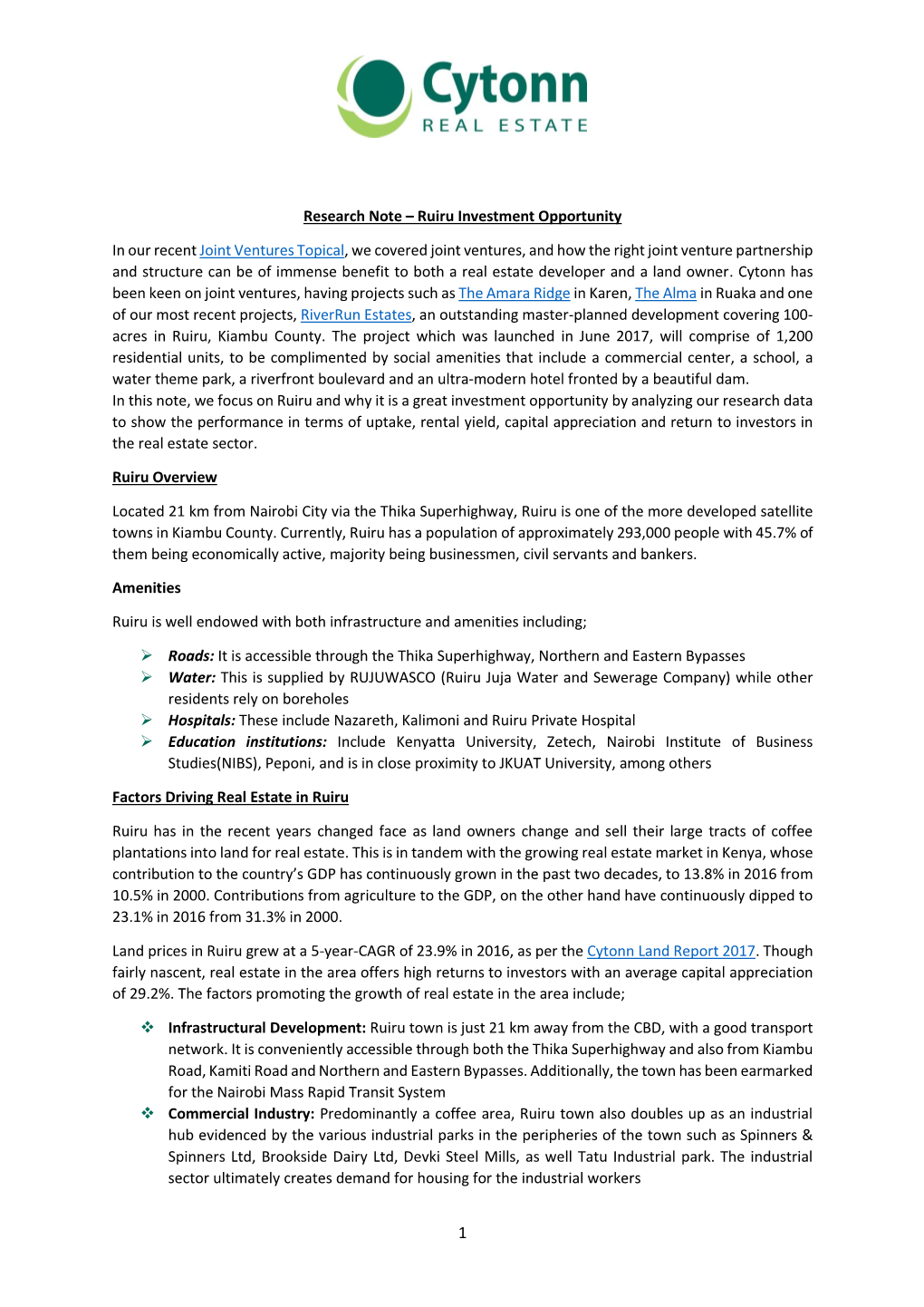 Research Note – Ruiru Investment Opportunity in Our Recent Joint Ventures Topical, We Covered Joint Ventures, and How the Righ