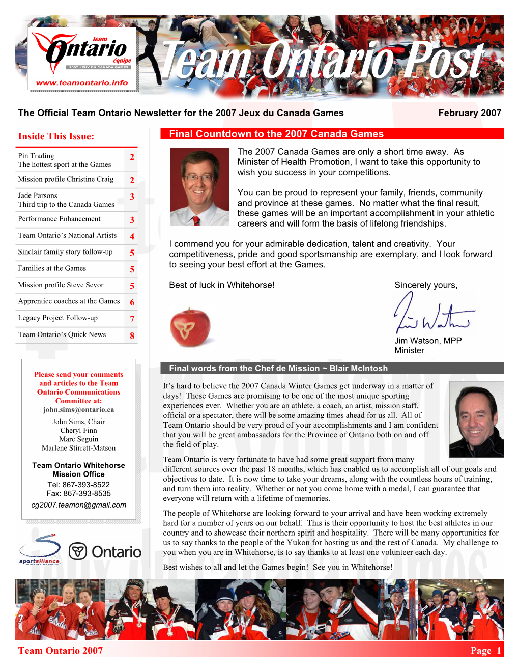 Team Ontario Newsletter for the 2007 Jeux Du Canada Games February 2007