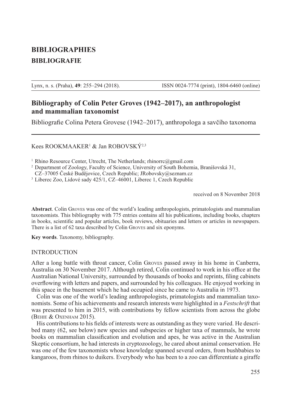 An Anthropologist and Mammalian Taxonomist Bibliografie Colina Petera Grovese (1942–2017), Anthropologa a Savčího Taxonoma