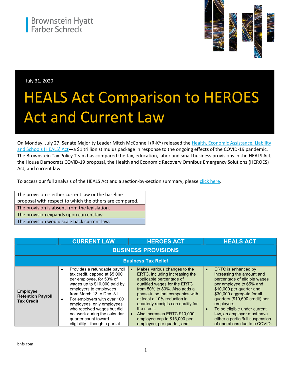 HEALS Act Comparison to HEROES Act and Current Law