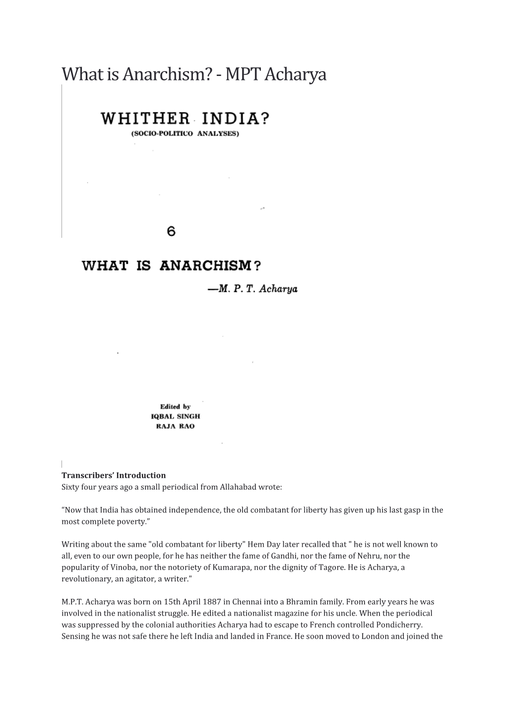 What Is Anarchism? - MPT Acharya