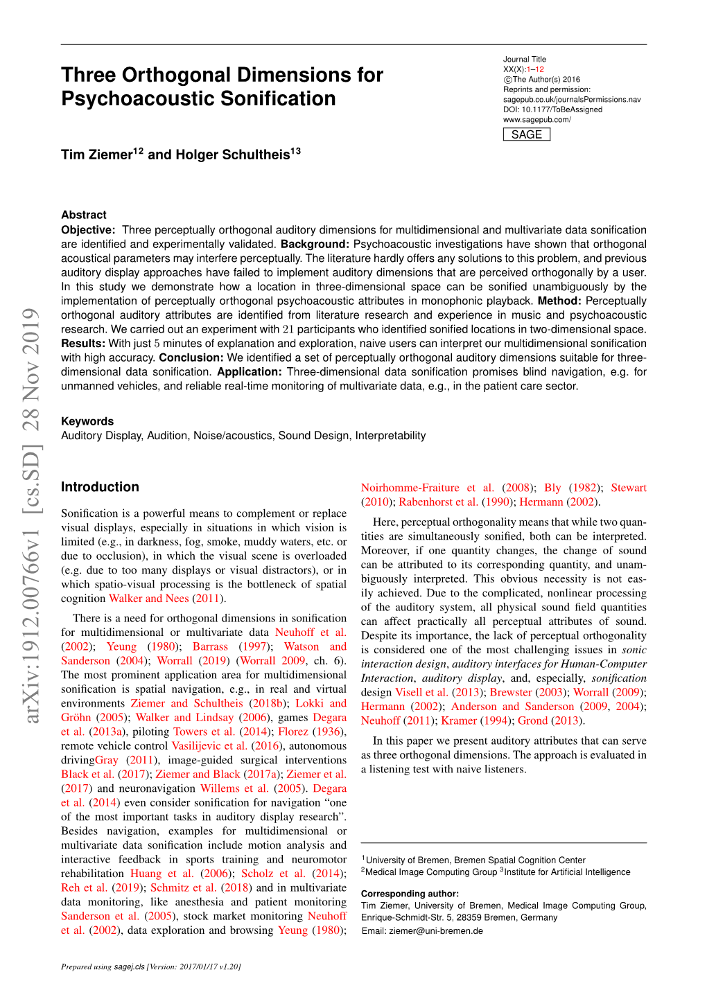 Three Orthogonal Dimensions for Psychoacoustic Sonification