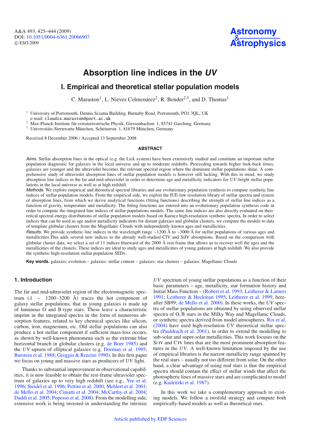 Absorption Line Indices in the UV I