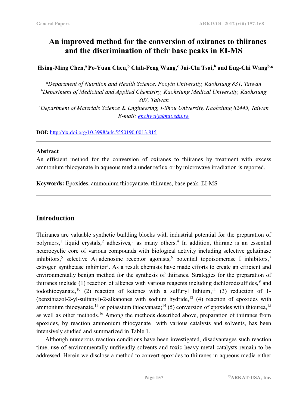 An Improved Method for the Conversion of Oxiranes to Thiiranes and the Discrimination of Their Base Peaks in EI-MS