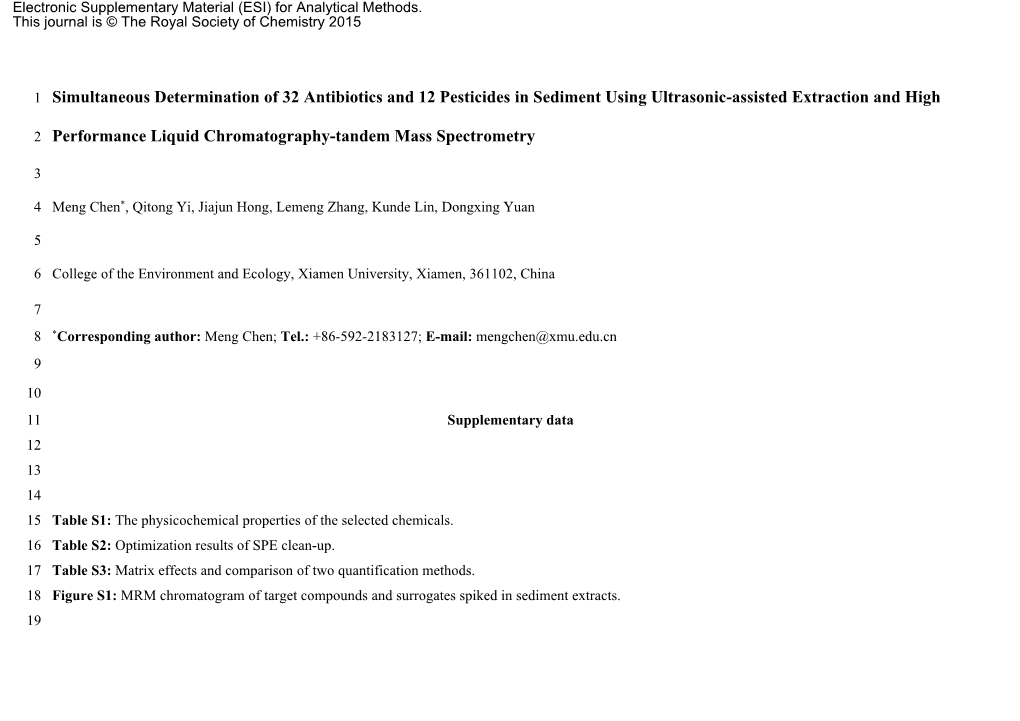 1 Simultaneous Determination of 32 Antibiotics and 12 Pesticides in Sediment Using Ultrasonic-Assisted Extraction and High