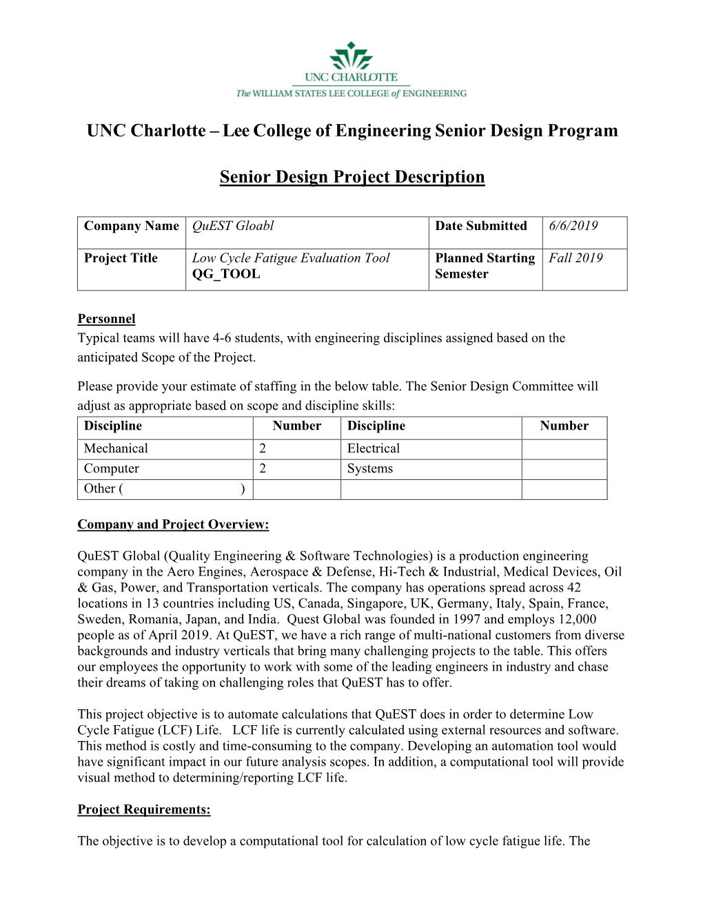 Low Cycle Fatigue Evaluation Tool Planned Starting Fall 2019 QG TOOL Semester
