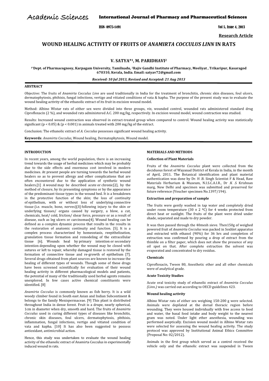 Wound Healing Activity of Fruits of Anamirta Cocculus Linn in Rats