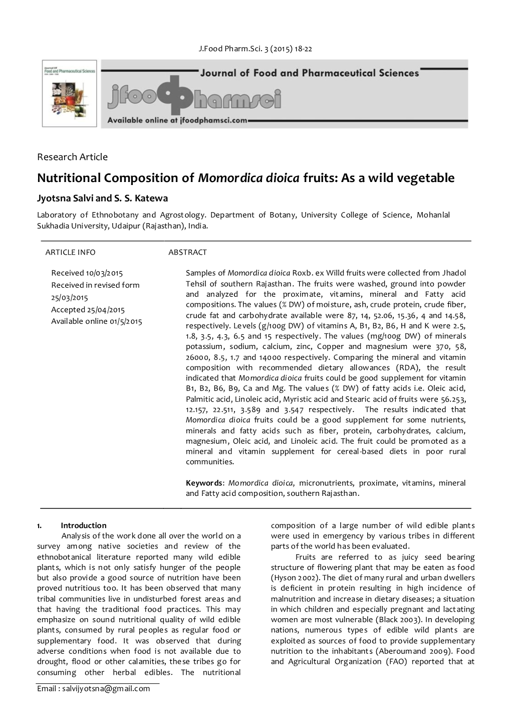 Nutritional Composition of Momordica Dioica Fruits: As a Wild Vegetable