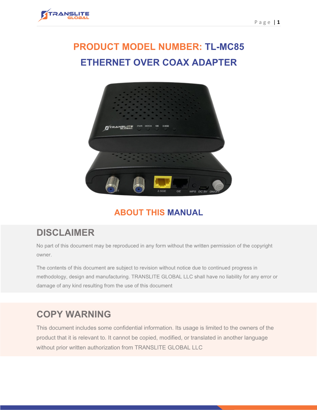 Tl-Mc85 Ethernet Over Coax Adapter Disclaimer Copy Warning