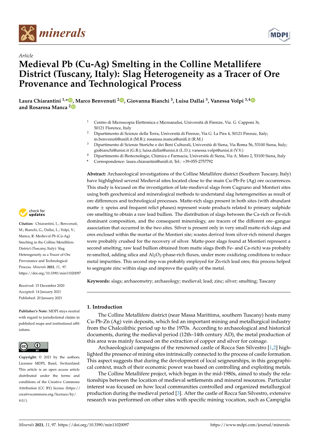 Medieval Pb (Cu-Ag) Smelting in the Colline Metallifere District (Tuscany, Italy): Slag Heterogeneity As a Tracer of Ore Provenance and Technological Process