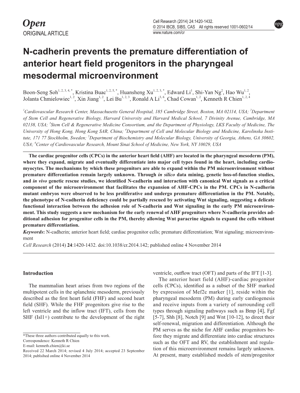 N-Cadherin Prevents the Premature Differentiation of Anterior Heart Field Progenitors in the Pharyngeal Mesodermal Microenvironment