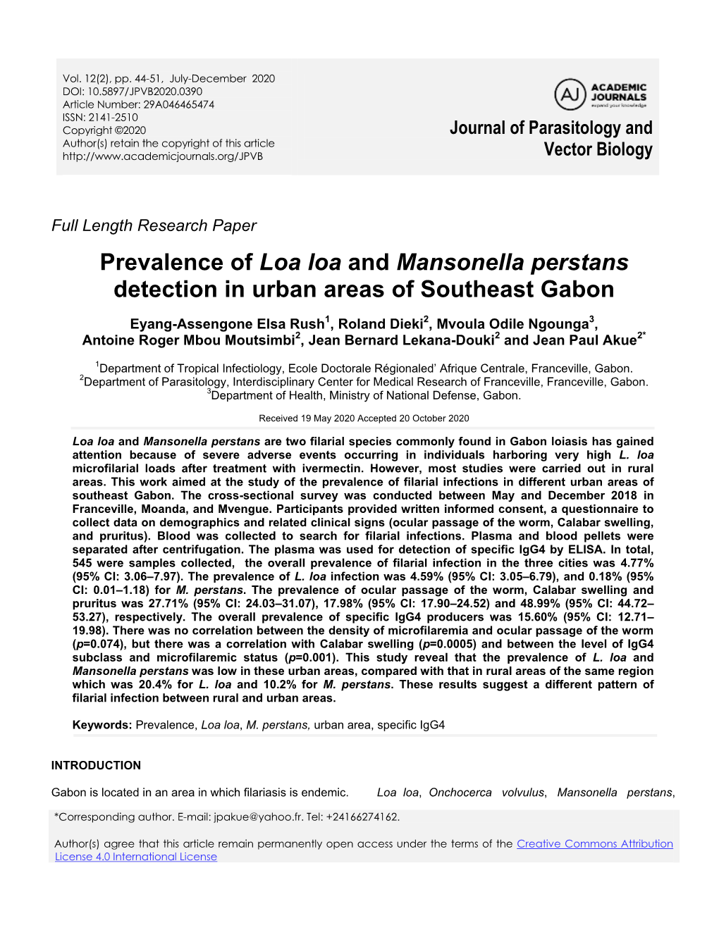 Prevalence of Loa Loa and Mansonella Perstans Detection in Urban Areas of Southeast Gabon