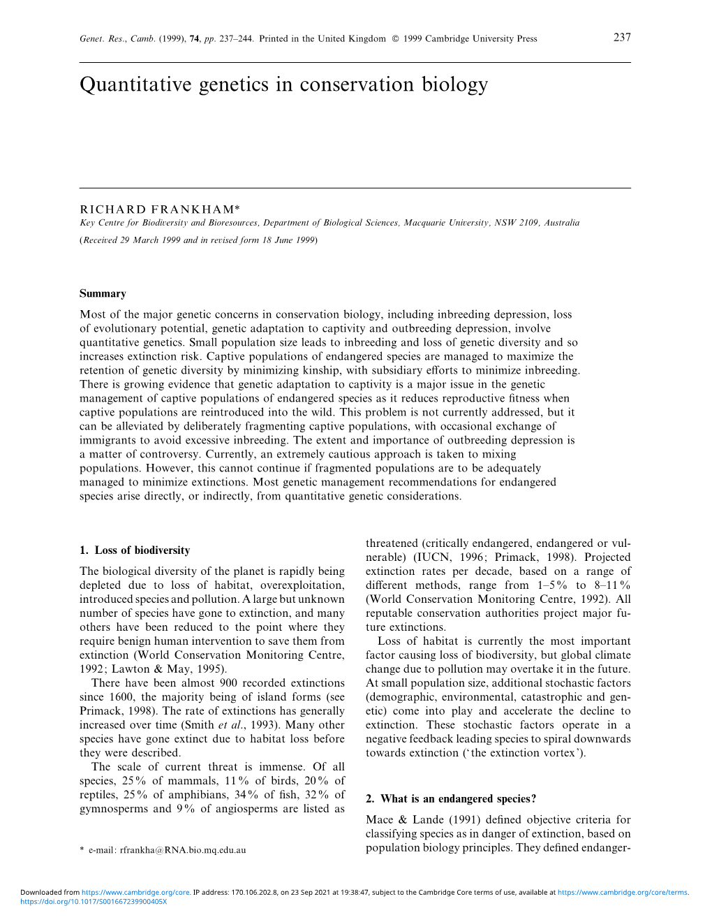 Quantitative Genetics in Conservation Biology