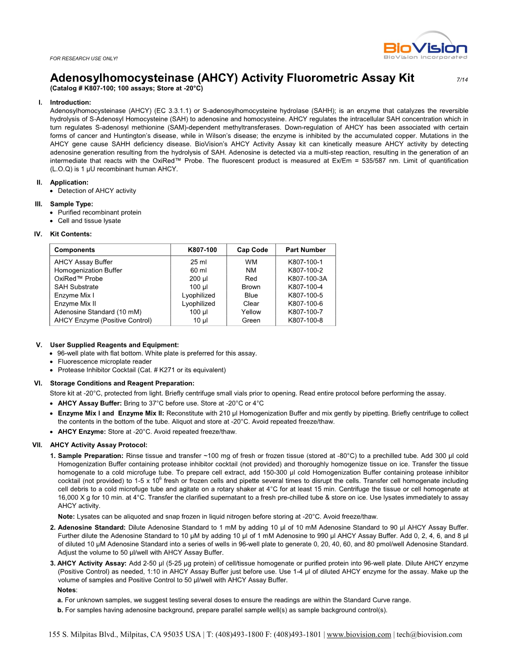 Adenosylhomocysteinase (AHCY) Activity Fluorometric Assay Kit 7/14 (Catalog # K807-100; 100 Assays; Store at -20°C) I