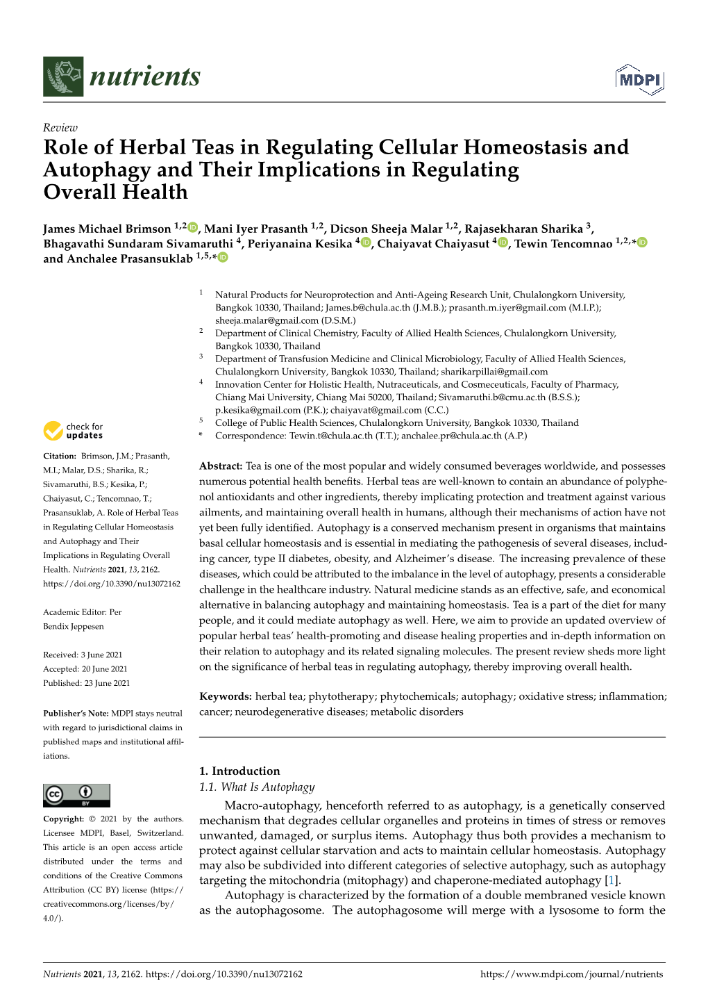 Role of Herbal Teas in Regulating Cellular Homeostasis and Autophagy and Their Implications in Regulating Overall Health