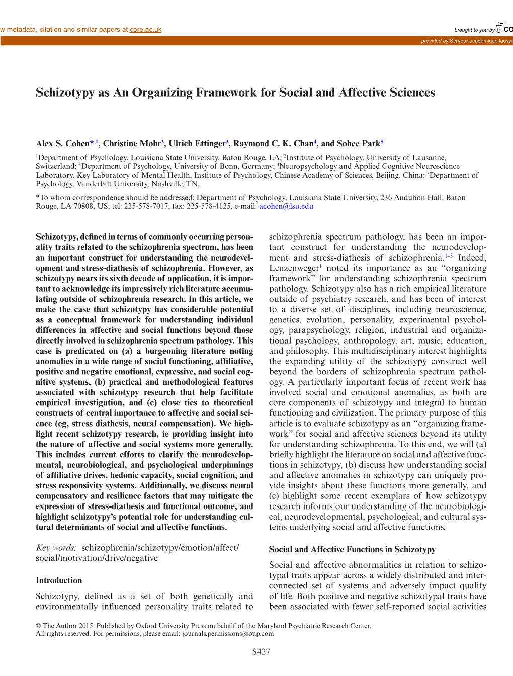 Schizotypy As an Organizing Framework for Social and Affective Sciences